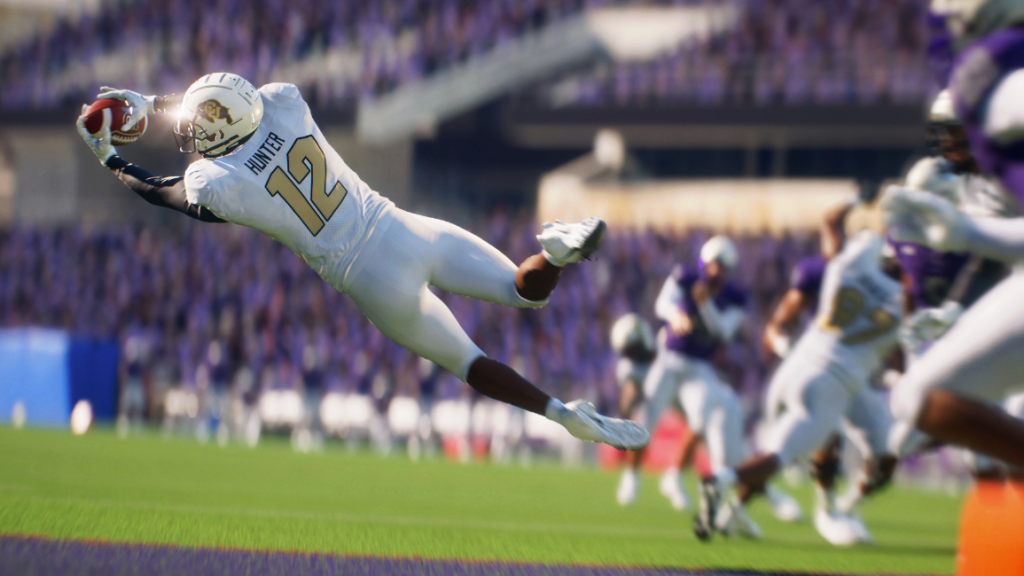 football player jumping for the ball. college football 25 best selling game