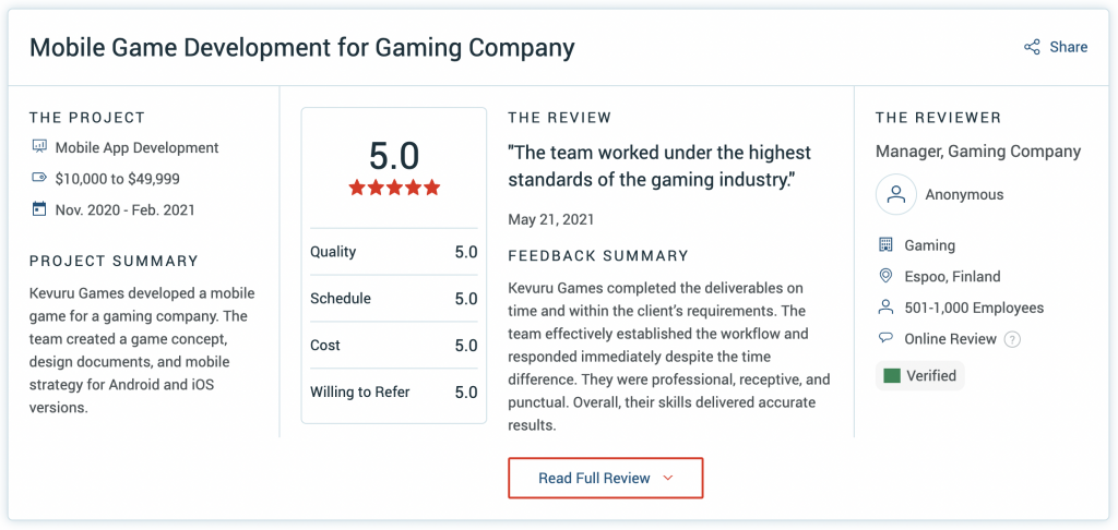 A review for mobile game development service for Kevuru Games. 5 stars