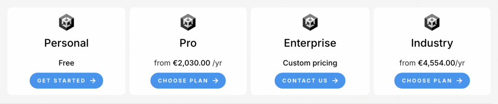 Unity pricing plans: Personal (free), Pro (from $2,030/yr), Enterprise (custom pricing), Industry (from $4,554/yr)