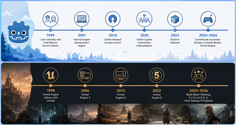 Timeline of Godot from 1999 and Unreal Engine from 1998